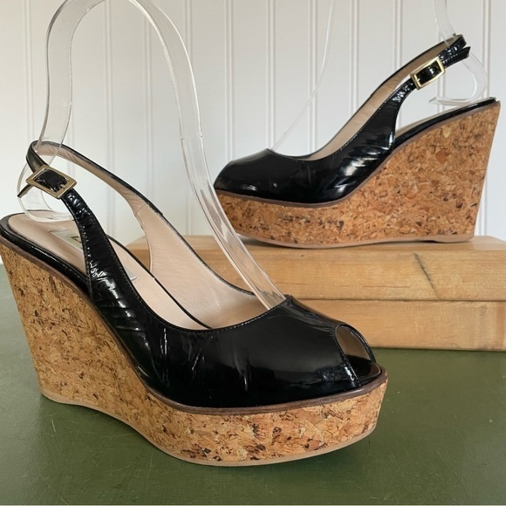 LK Bennett ROSIE Cork Wedge Slingback Sandals in Black Patent Leather